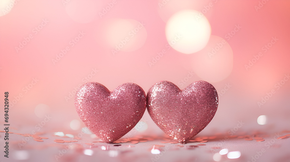 Two Hearts On Pink Glitter In Shiny Background - Valentine's Day Concept Two Hearts On Pink Glitter In Shiny Background - Valentine's Day Concept