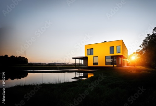 Modern exterior of luxury cottage. Private house in scandinavian style at winter evening.
