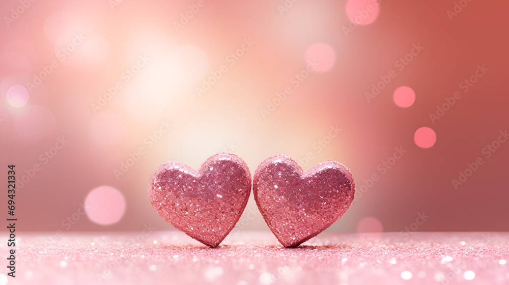 Two Hearts On Pink Glitter In Shiny Background - Valentine's Day Concept Two Hearts On Pink Glitter In Shiny Background - Valentine's Day Concept