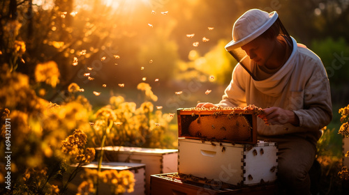 A beekeeper checks the hives at the apiary. Selective focus.