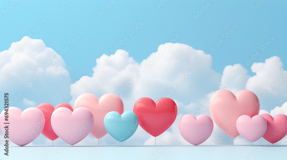 Pastel Hearts in 3D Style in the Clouds. Abstract Background for Valentines Day with Copy Space