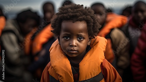 little african boy wearing an orange swimvest in a lifeboat - closeup portrait of a refugee photo