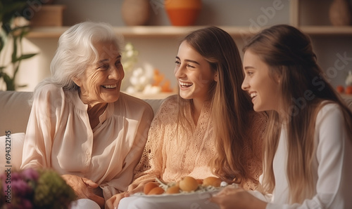 Cheerful grandma and grandkids girl talking, laughing, enjoying family leisure photo