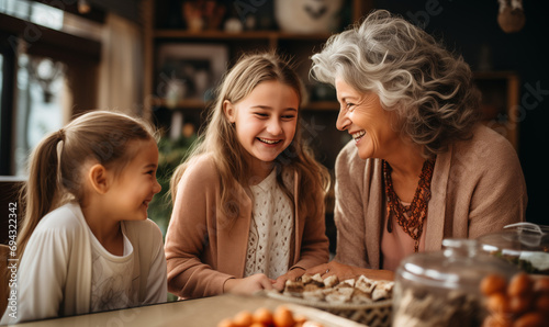 Cheerful grandma and grandkids girl talking, laughing, enjoying family leisure photo