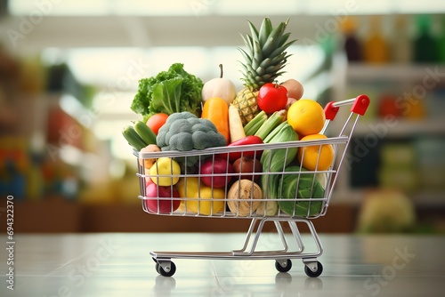 Supermarket shopping cart full of fresh vegetables. Metal Cart with wheels with groceries and shopping at the supermarket  shopping concept with empty or  copy space for text 
