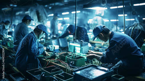 Group of working Asian people in a electronics factory background.