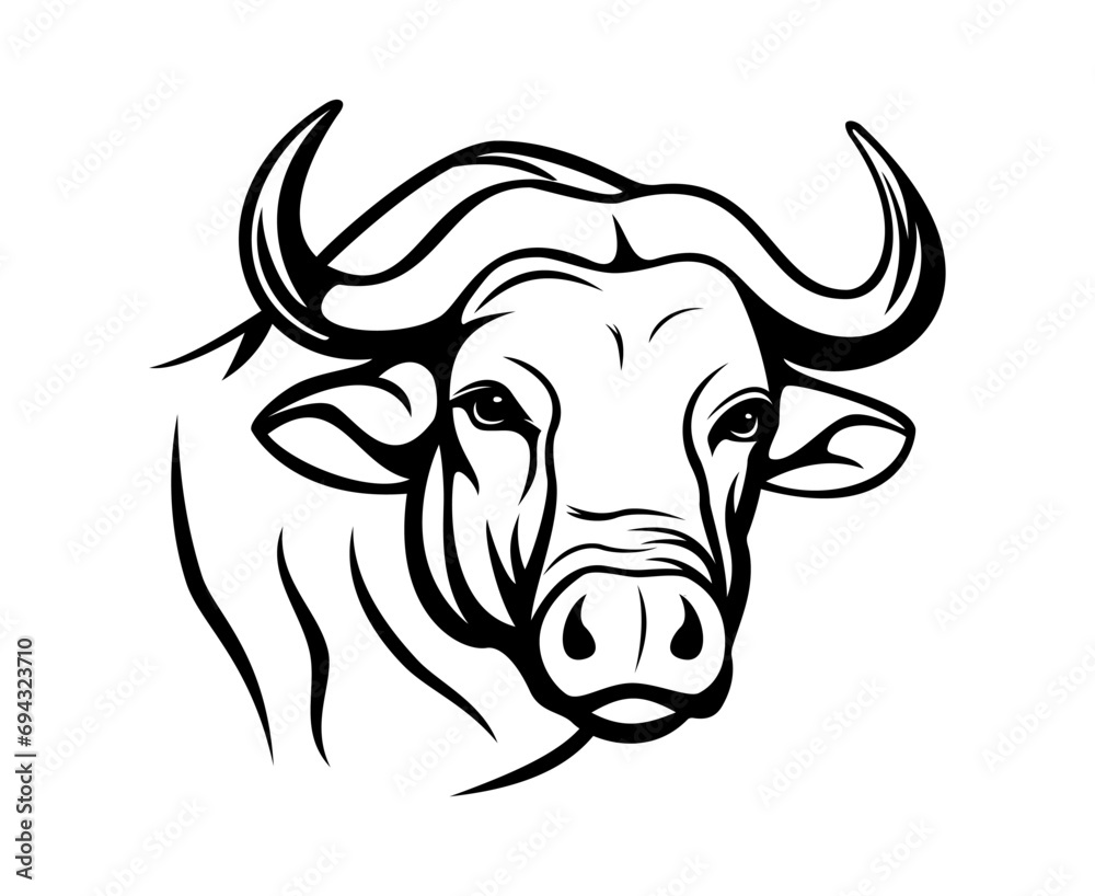 Buffalo head vector illustration. Animal world. Isolated flat style ox head figure on a white background. Buffalo muzzle  drawing.