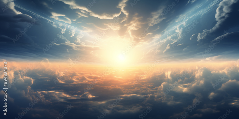 most vibrant soul healing sunset sky above the clouds - warm yellow and blue hues - sun burst and sun rays - obrazy, fototapety, plakaty 