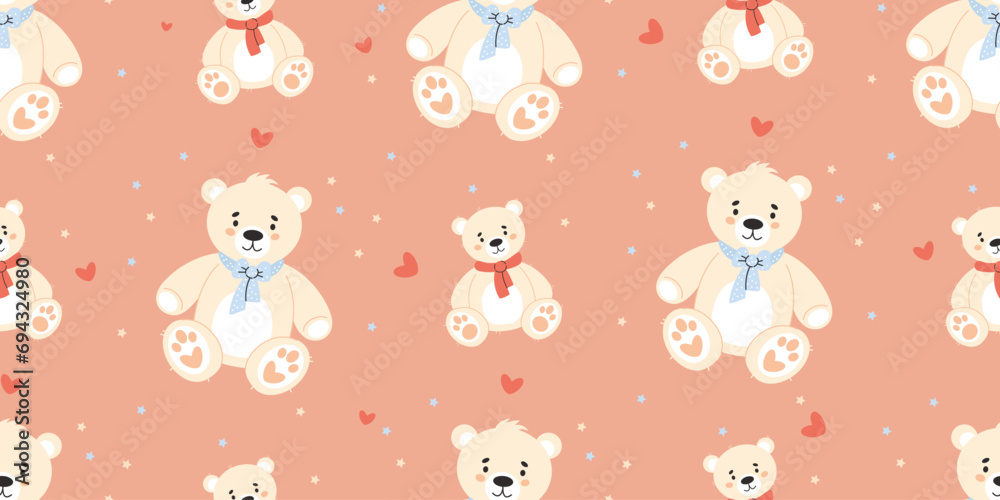 Seamless pattern with Cute white teddy bear toy. Vector illustration in flat style.