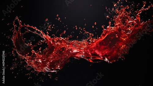 Splashes of red wine from dark-coloured grape varieties. Black background. Generative AI