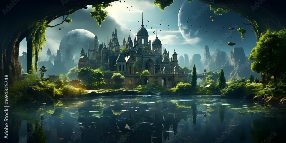 Fantasy illustration of nature, city, fictional world. - obrazy, fototapety, plakaty 