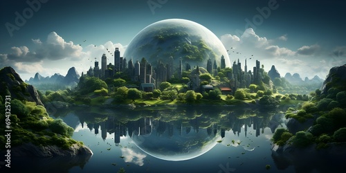 Fantasy illustration of nature, city, fictional world. photo
