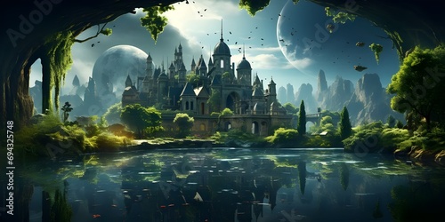 Fantasy illustration of nature, city, fictional world. © emerald17