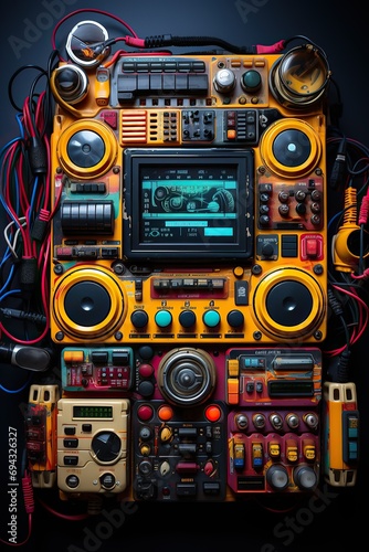 An intricate array of sound equipment forms a visually arresting boombox montage
