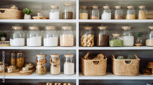 Organization of food storage. Cozy pantry with glass jars and wicker baskets. Light colour palette. Generative AI photo