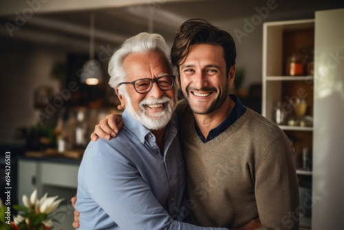 Portrait of father and son embracing each other while standing in kitchen at home