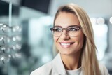 Portrait of young beautiful businesswoman in eyeglasses looking at camera