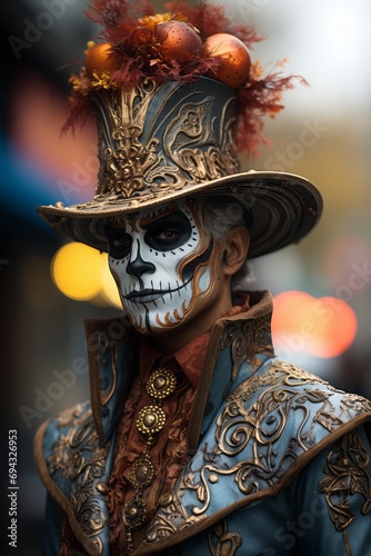 Portrait of emotional beautiful man with cross and colorful Halloween skull face painting in top hat.