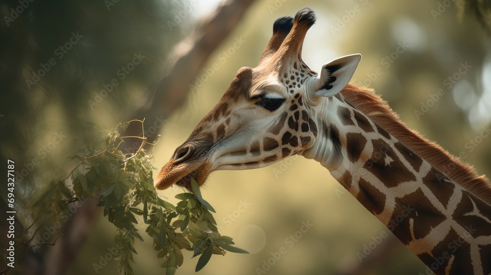 Illustration of a giraffe looking for food in the middle of the forest Illustration of a giraffe looking for food in the middle of the forest