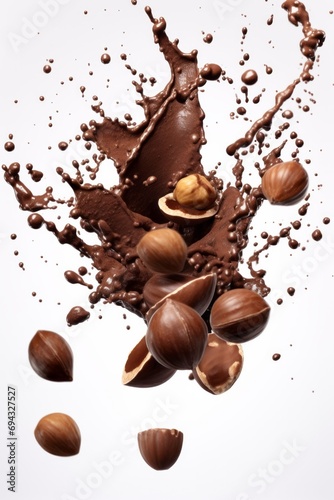 chocolate splash with hazelnuts isolated on white background, top view