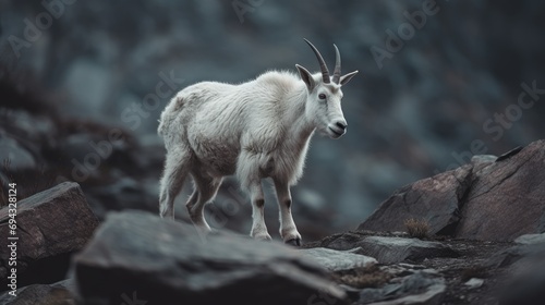 a mountain goat climbing a rocky slowly photo