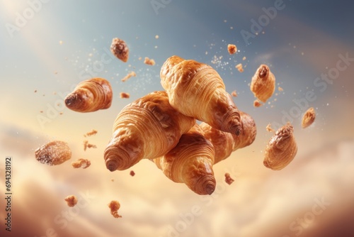 Flying croissants on sky background. Flying food concept. photo