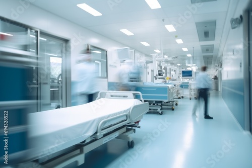Blurred image of a hospital corridor with a patient in bed.