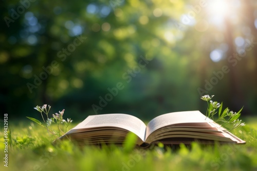Open book on green grass in the park. Education and reading concept. © Ivan