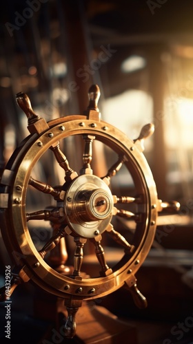 Steering wheel on ship . Vertical background