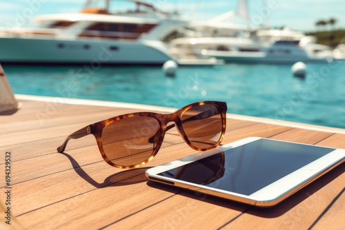 Sunglasses with a tablet on the boards with a yacht in the background, the theme of a rich and luxurious life
 photo