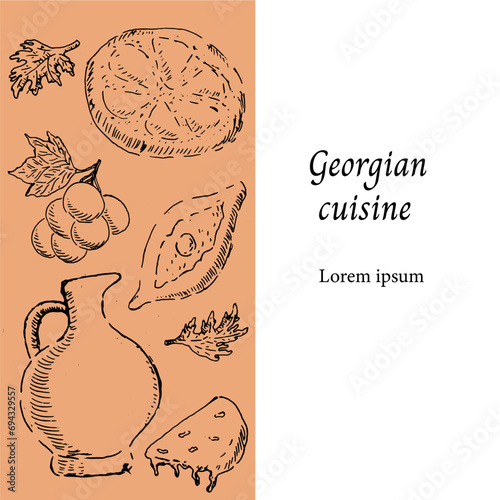 Georgian food cuisine background can used for menu template, banner, flyer. Vector illustration in hand drawn sketch style. Vintage background suitable for cafe and restaurant. 