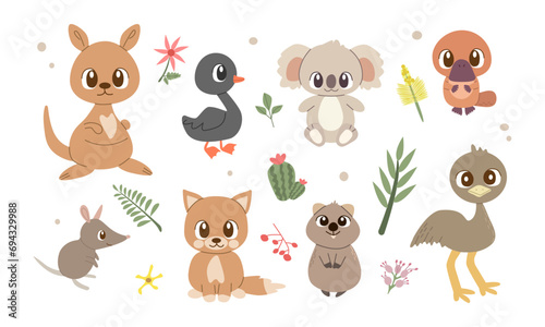 Set of Australian animals vector illustration isolated on white background. Cute flat style Dingo ,bandicoot ,swan ,kangaroo ,koala ,emu , platypus ,wombat for your design. Australia Day illustration.