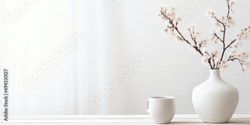 Scandinavian minimal design with white room  sakura in vase  wooden table  and spring decoration ideas.
