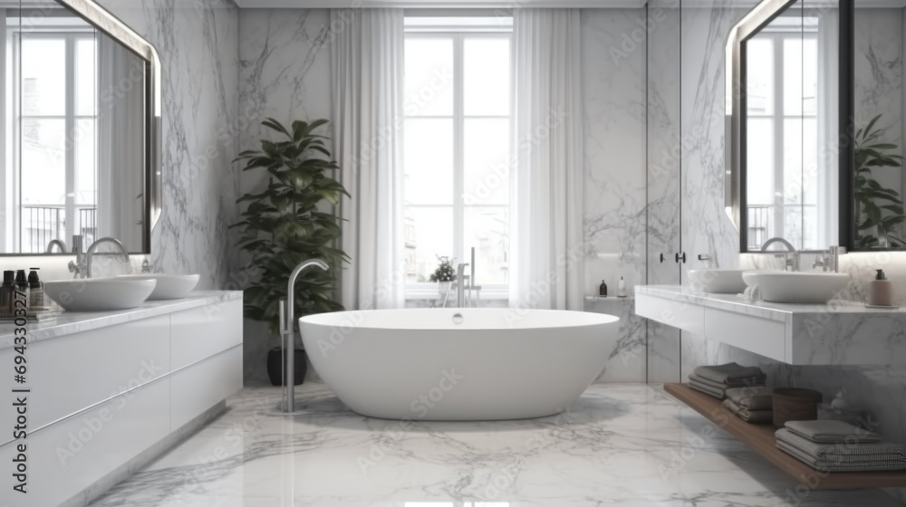 realistic bathroom interior design with marble panels. Bathtub, towels and other personal bathroom accessories. Modern glamour interior concept. Roof window. Template realistic bathroom interior design with marble panels. Bathtub, towels and other personal bathroom accessories. Modern glamour interior concept. Roof window. Template