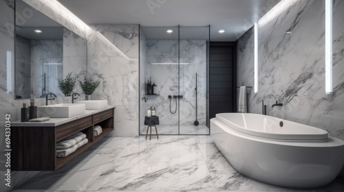 realistic bathroom interior design with marble panels. Bathtub  towels and other personal bathroom accessories. Modern glamour interior concept. Roof window. Template