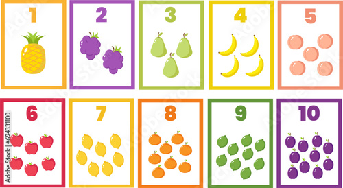 Printed cards with fruits. Collection of cards with numbers from 1 to 10 for children, kindergarten, preschool education or recreation, resources for teachers, games. Educational cards for children