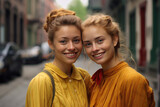 women in yellow shirt standing on the street having fun
