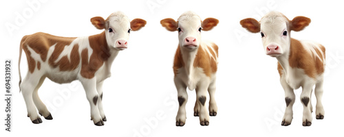 Set of calf baby cow brown and white standing isolated on transparent or white background