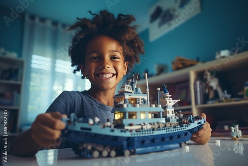 A little African American boy sits at the table in his cozy room and plays with a construction set. Happy smart kid assembling a realistic model of fishing trawler. Play and learn concept.