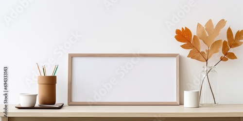 Desk with photo frame, supplies, boxes, and leaf in vase.