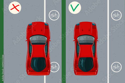 No driving and parking in bicycle lane. Bike road sign and car ride on bike path. Correct and wrong driving or stopped. Traffic marking and rules. Urban traffic road lane with biking path. Vector