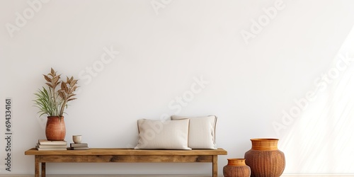 Minimalist bohemian interior design with clay pot and book on bench against white wall. photo