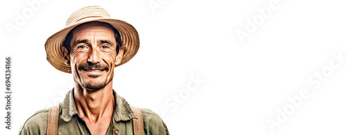 Successful smiling male farmer in work clothes, white background isolate.