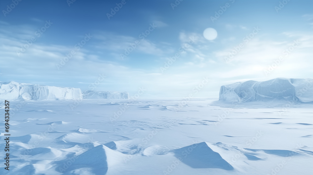 Arctic winter landscape with large glaciers frozen sea and blizzards