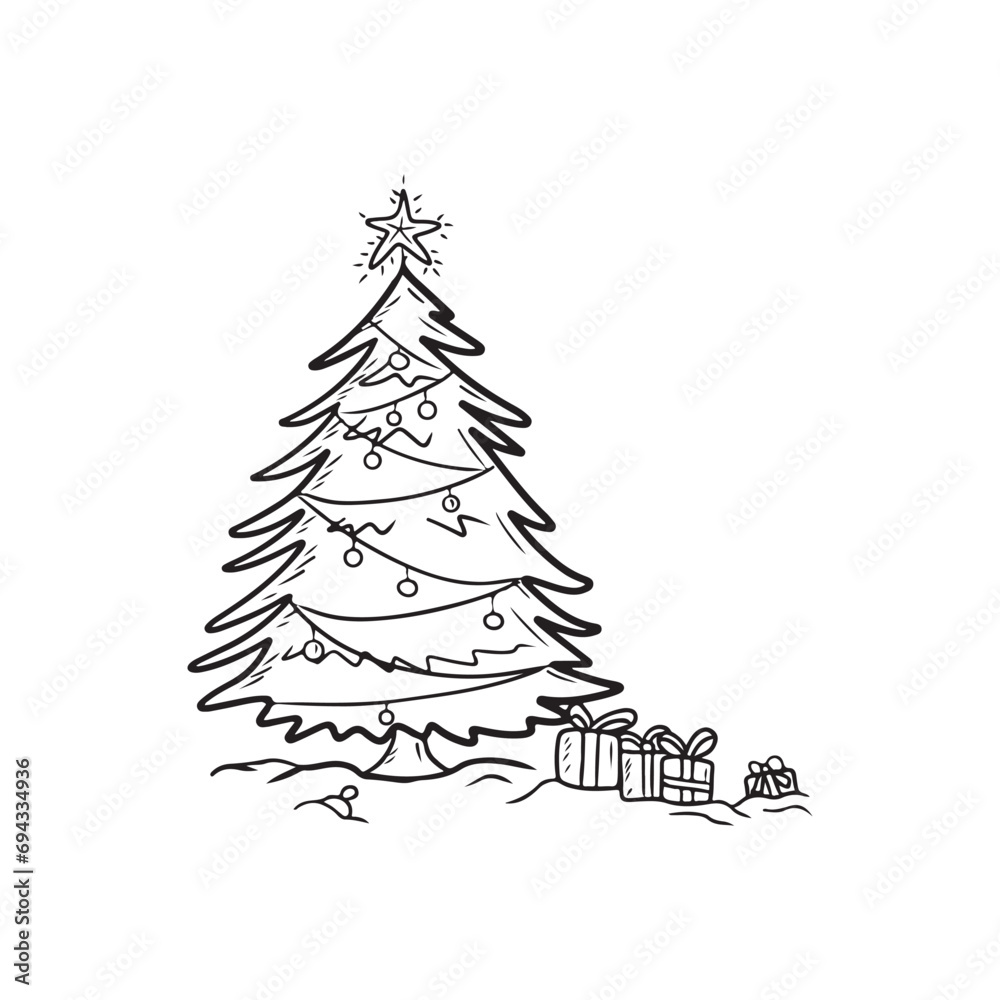 Cartoon Christmas tree with star on top and lights with presents in black isolated on white background. Hand drawn vector sketch illustration in doodle vintage engraved. Merry Christmas Happy new year Cartoon Christmas tree with star on top and lights with presents in black isolated on white background. Hand drawn vector sketch illustration in doodle vintage engraved. Merry Christmas Happy new year