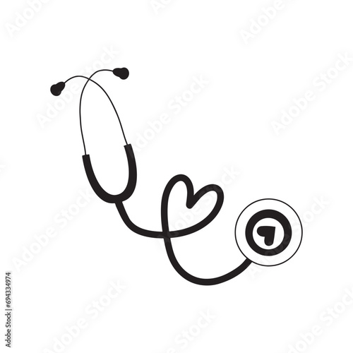 Cute simple stethoscope design with heart on tube in black isolated on white background. Hand drawn simple doodle sketch icon in cartoon engraved line art style. Medicine, cardiology, diagnostics.