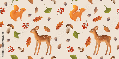 Woodland animals seamless pattern. Forest autumn pattern with leaves, mushroom, deer and squirrel.