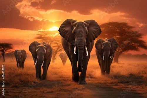 A herd of elephants walking across a dry grass field at sunset with the sun in the background and a few trees in the foreground photography