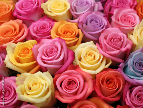 A vibrant bouquet of roses in a spectrum of pastel hues.