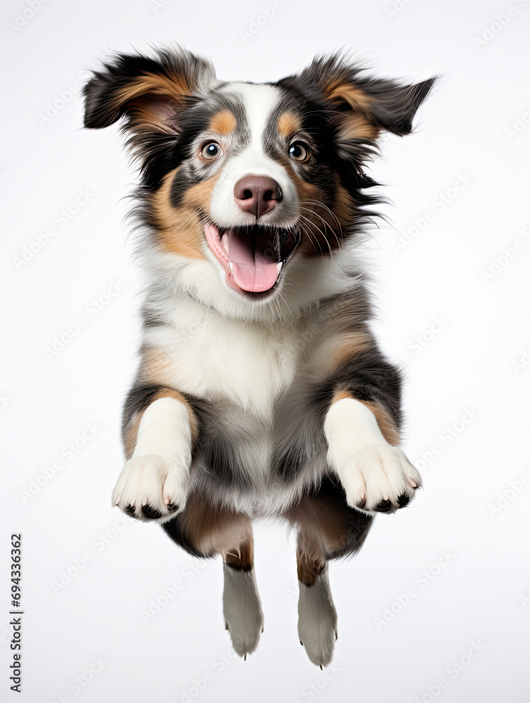 Australian Shepherd puppy with happy face jumping pose isolated on white background created with Generative AI Technology 